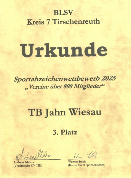 Urkunde für den 3. Platz bei den Sportabzeichen im Landkreis
