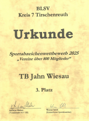 Urkunde für den 3. Platz bei den Sportabzeichen im Landkreis